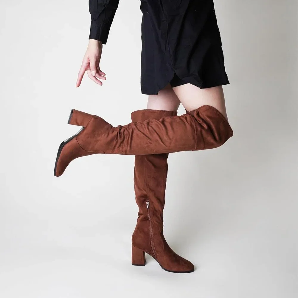 🆕J.Adams Brown Vegan Suede Over The Knee Trendy Low Block Heel Thigh High Boots